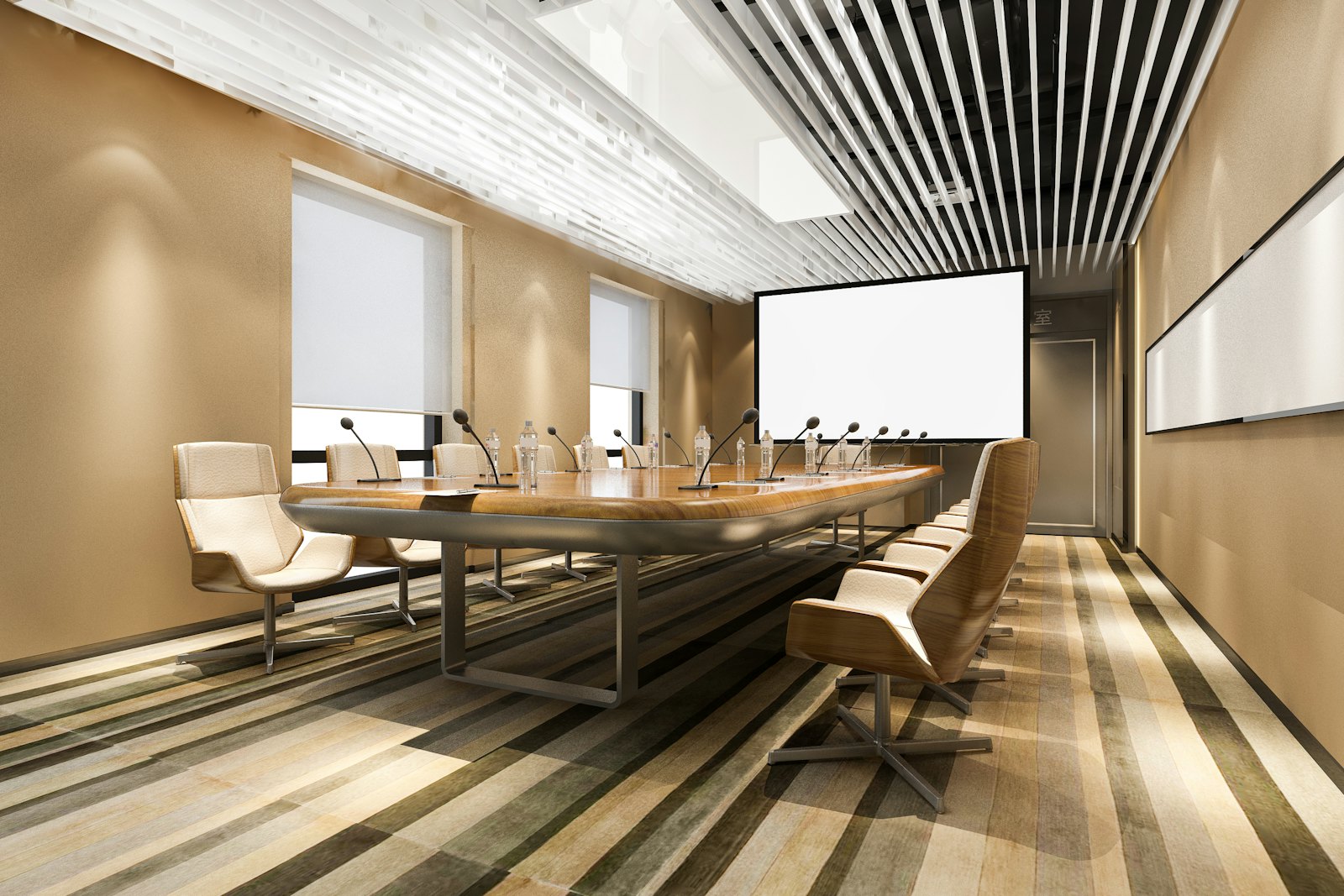 Modern meeting room with a long table and a presentation display